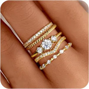 5 Pcs Copper Golden Stacking Rings Set for Women 14K Gold Plated Minimalist Non Tarnish Cubic Zirconia Thumb Ring Set Dainty Gold Knuckle Ring Trendy Statement Jewelry Valentine's Day Gift with Box