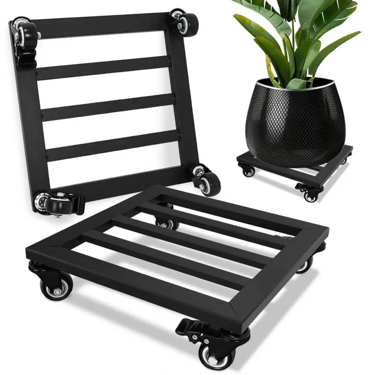 Plant Caddy with Wheels – 12 Inch Heavy Duty Rolling Plant Stand with Lockable Casters – Square Plant Dolly for Indoor & Outdoor Pots (2 Pack)