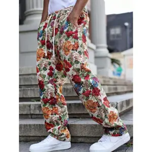 Men's Floral Print Drawstring Waist Pants, Casual Beach Pants, Loose Casual Comfy Straight Leg Trousers for Daily Wear, Men's Bottoms for All Seasons