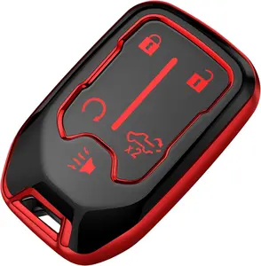 for Chevy Key Fob Cover Soft TPU Full Protection Key Shell Key Case Compatible with 2017-2024 Chevrolet Silverado Suburban Tahoe GMC Acadia Sierra Terrain Yukon (Red, 5 Button)