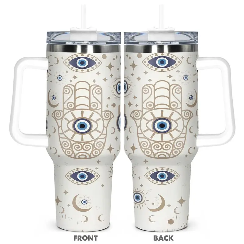 40oz Tumbler with Lid & Straw, Evil Eye Pattern Stainless Steel Water Bottle, Insulated and Durable, Gift for Any Occasion, Drinkware, Insulated Tumblers
