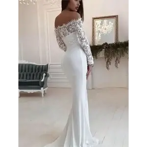 Elegant Off-the-Shoulder Lace Long Sleeve Mermaid Fishtail Wedding Dress Floor-Length Bridal Gown with Keyhole Neckline Wed White Chic Fabric Womenswear Polyester QM2187042