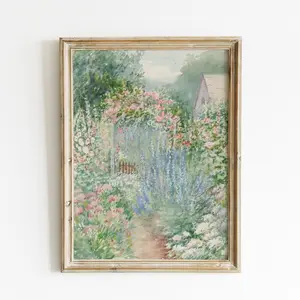 Flower French Garden Painting | Vintage Country Landscape | Summer Farmhouse Garden Wall Decor | French Antique Watercolor | Printable
