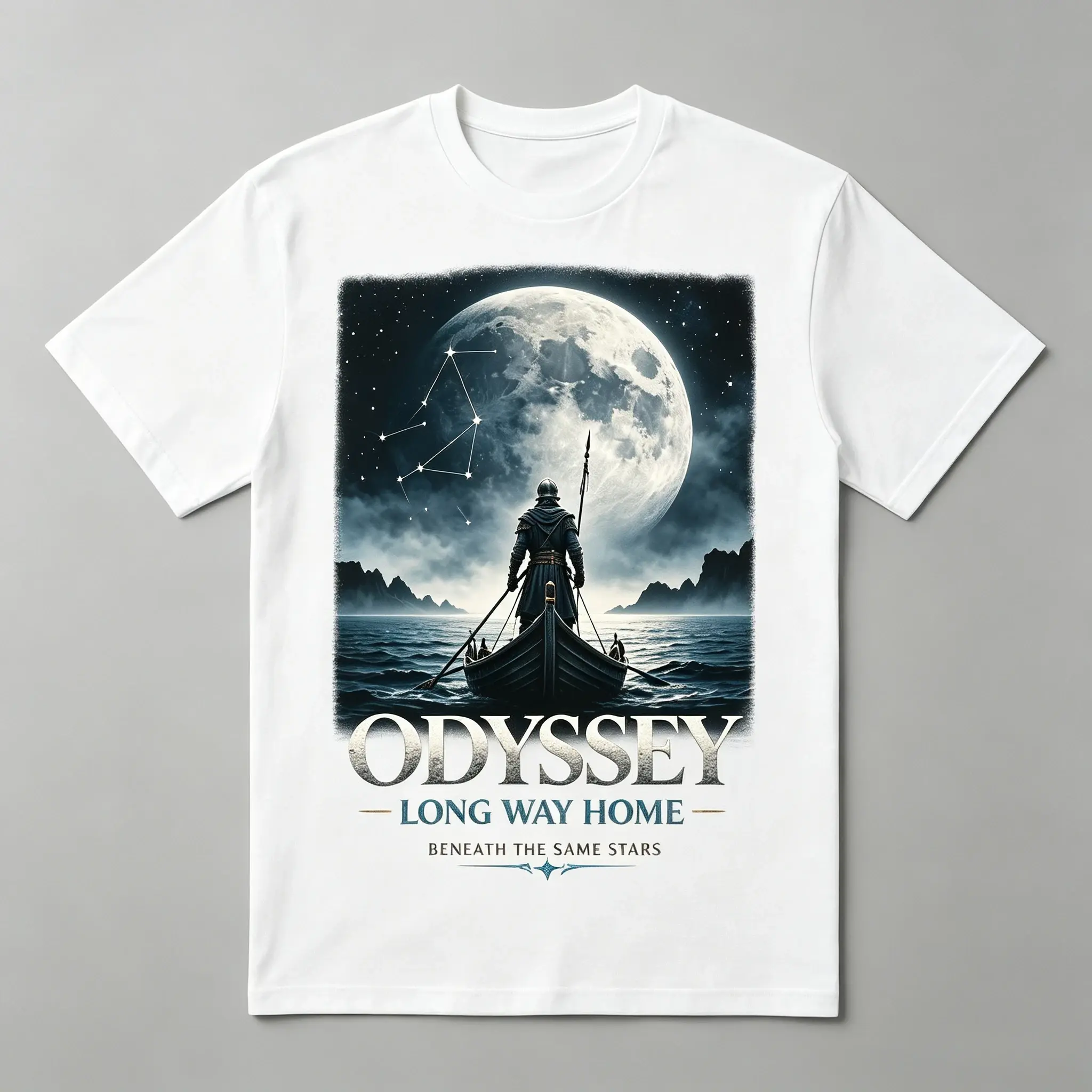 Unisex Short-Sleeve Oversized Round Neck T-Shirt - Odyssey Long Way Home Beneath The Same Stars Viking Ship Moon Print Quote, Soft Cotton, Breathable, Relaxed Fit for Adventure Fans, Daily Casual Epic Style