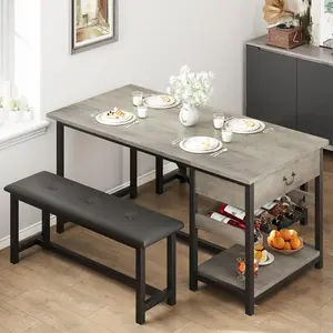 Dining Table Set for 4, Kitchen Dining Table Set with Upholstered Benches, Kitchen Dining Room Table with Storage Drawers & Wine Rack for Small Space