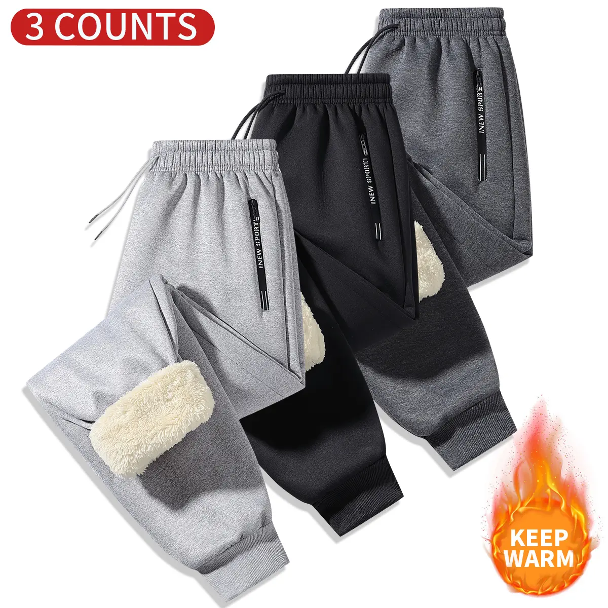 3-Pack, Men'S Thermal Joggers - Heavy-Duty Winter Pants with Drawstring Waist , Non-Stretch Fabric for Gym, Hiking, Jogging Pants, Solid Color Design, Plush Lined Comfort, Active Men, Trouser For Men, Track Pant Men, Sportive Trousers Men, Thick
