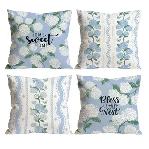 Set of 4 Blue Hydrangea Throw Pillow Covers | Home Sweet Home & Bless This Nest Decor for Sofa Bedroom Living Room 0407YB