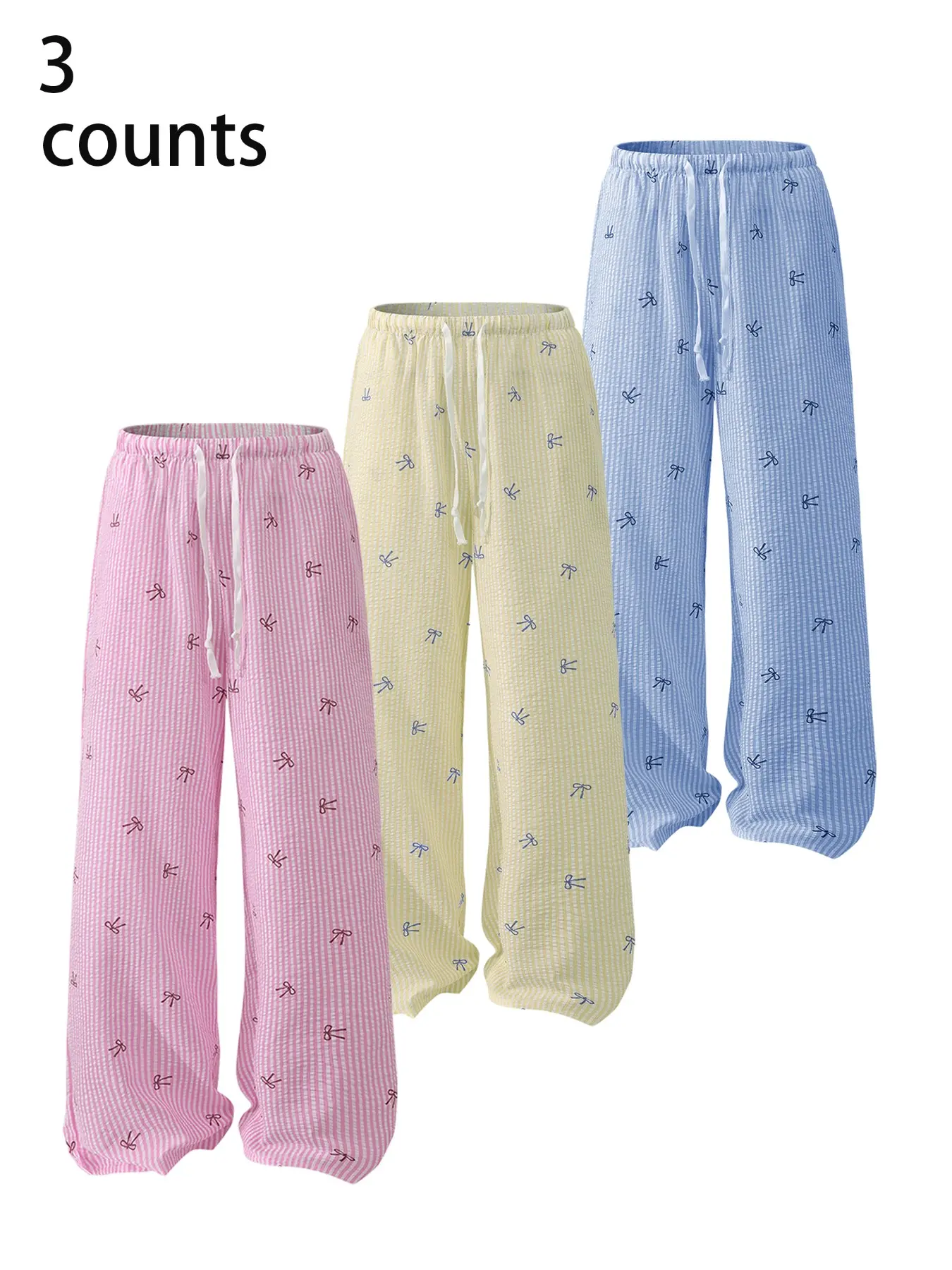 Women's 3-Piece Matching Bow Print Striped Wide-Leg Oversize Loose Pants Set Outfit, Y2K Drawstring Adjustable High-Waisted Casual Pants, Trendy Sweet Aesthetic Streetwear for Daily Summer Bottom