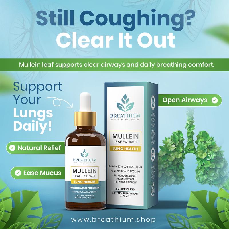 BREATHIUM Liposomal Mullein Drops – Natural Lung Cleanse & Gut Health Support – Dual Detox for Healthy Breathing, Digestion, Sinus, Cough & Mucus Relief – 60 Servings