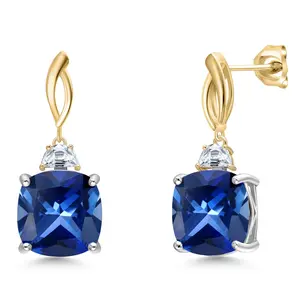 Gem Stone King 925 Silver and 10K Yellow Gold Blue Created Sapphire and White Moissanite Dangle Earrings for Women | 17.46 Cttw | Gemstone September Birthstone | Cushion 12MM
