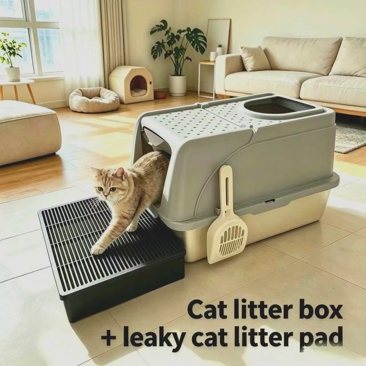 Stainless steel flip type cat litter box+adjustable leak type cat litter pad enclosed in a large space, anti splash cat litter box widened and enlarged indoor cat toilet easy to clean, cat litter pad pet supplies
