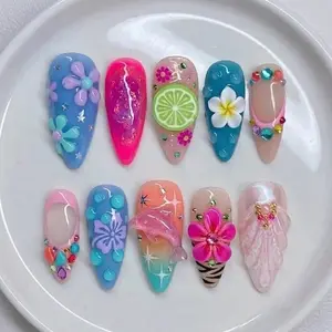 Tropical Summer Press On Nails 3D Flower Dolphin Lime Beach Nails Colorful Jelly Design