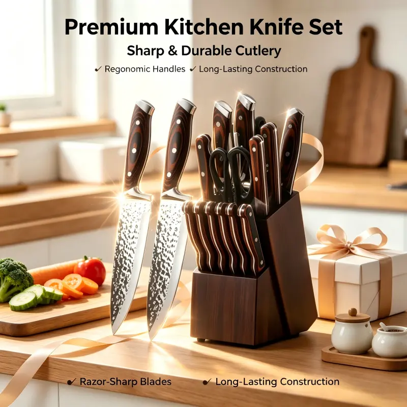 15-piece brown stainless steel hammer-textured kitchen knife set with block - Ultra-sharp hammer-style knife set, kitchen tools, chef knives, dishwasher safe, recommended as a gift for home chefs, local warehouse delivery