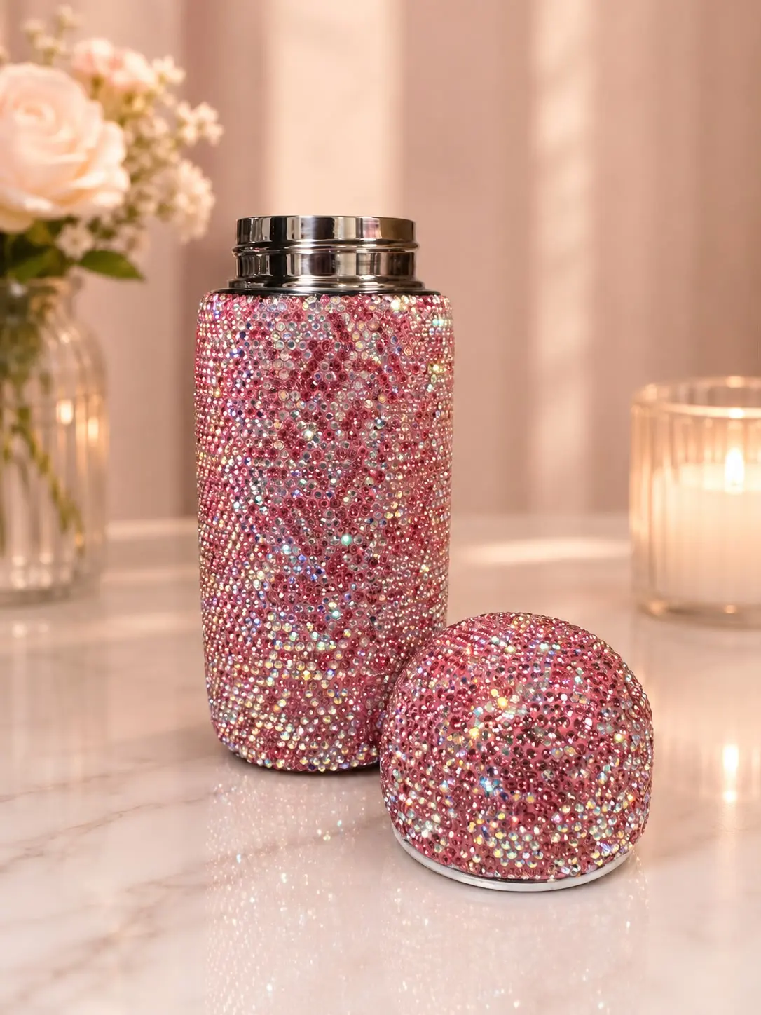 Decorative Pink Rhinestone Thermos Cup with Matching Lid