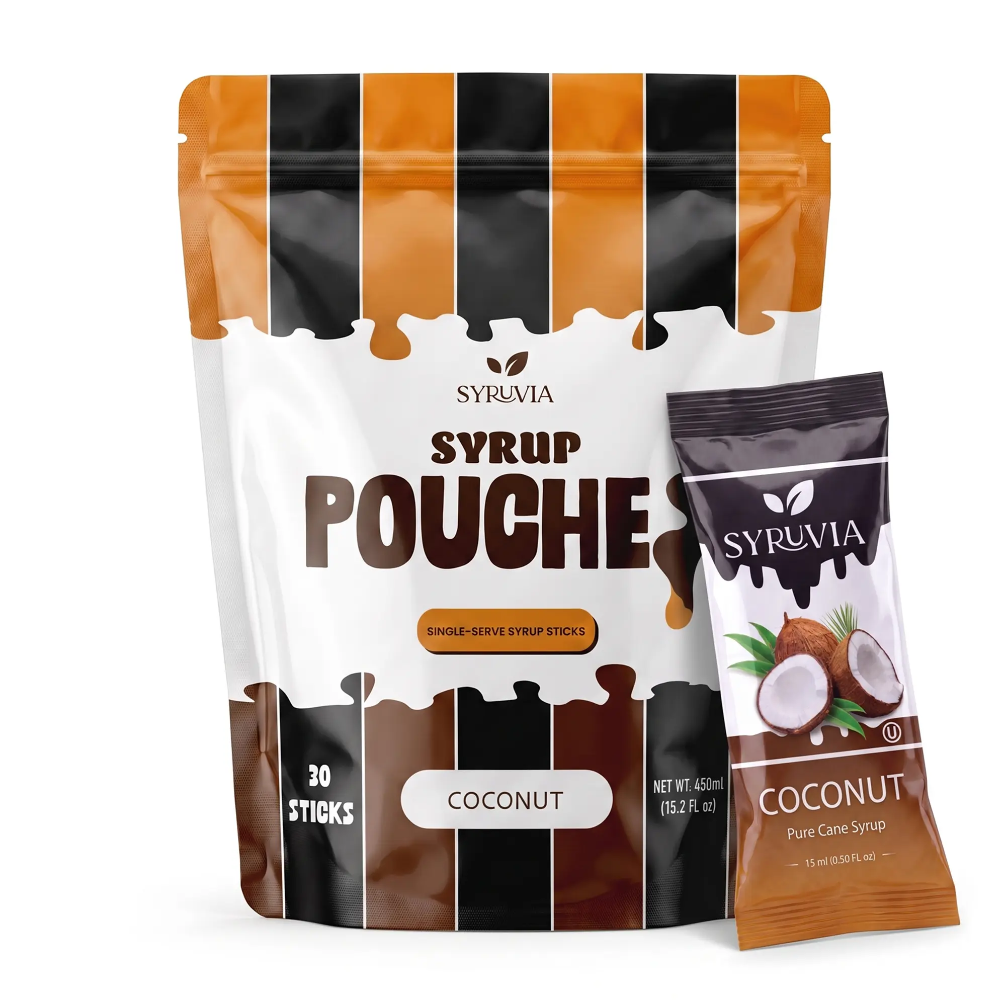 Syruvia Coconut Syrup Pouches, Coffee Syrup Sticks for Coffee, Cocktails, Drinks & Desserts, 30 Count (15 mL Each)