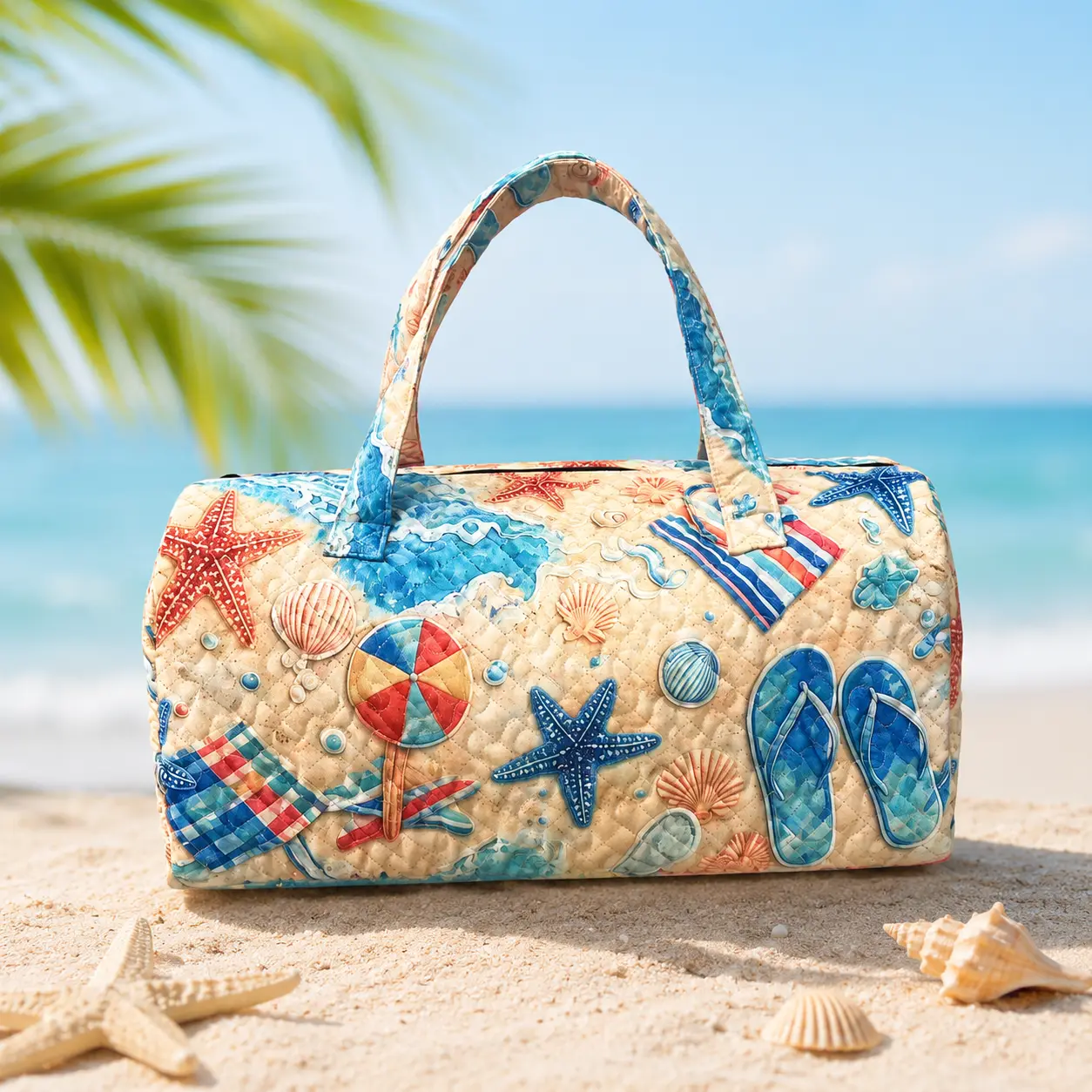 Boho Coastal Beach Quilted Duffle Bag for Women, Summer Vacation Weekender Travel Tote Carry On Bag