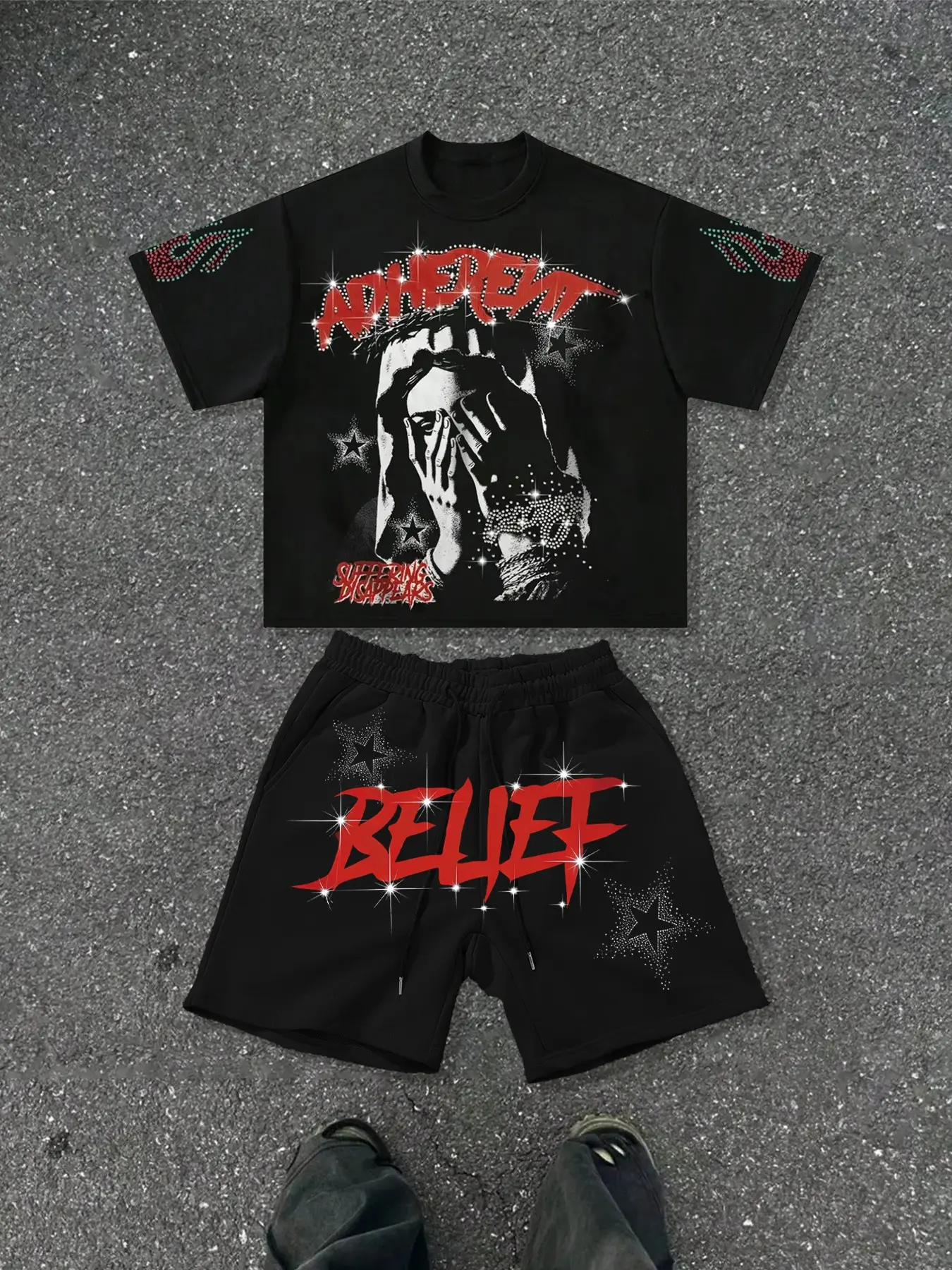 Men's Casual Patterned T-Shirt & Drawstring Waist Shorts Set, Loose Fit Rhinestone T-Shirt, Round Neck Design, Perfect for Leisure Sports