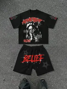 Men's Casual Patterned T-Shirt & Drawstring Waist Shorts Set, Loose Fit Rhinestone T-Shirt, Round Neck Design, Perfect for Leisure Sports