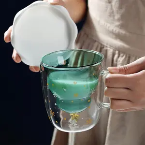 Glass coffee cup, tea and milk cup - with lid and handle, double-layer insulated glass espresso cup, tree-shaped coffee cup, suitable as a gift for female and male office workers, bringing you a warm and cozy atmosphere