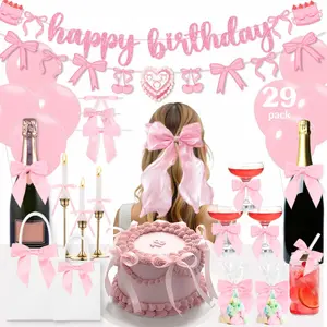 Pink Bow Decor  Party Decorations, Pink Bow Cake Topper, Champagne Glasses, Candles, Balloons, Bow Birthday Party Decorations, Decoracion Monos Cumpleanos Happy Birthday Bow Themed Banner