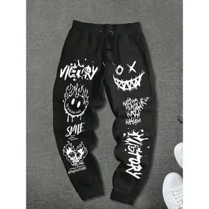 Men’s smiling face drawstring joggers, jogger pants, casual seasonal pants, loose outdoor hiking and party wear GARMENTARY