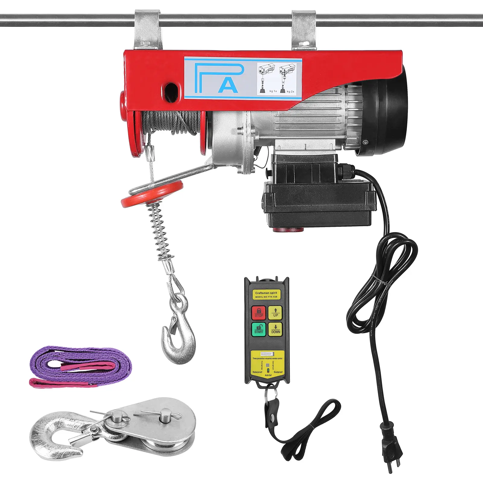 Heavy-Duty 880LBS Electric Hoist with 39ft Rope, 110V Power, Wireless Remote, 33ft/min Speed for Factories & Warehouses