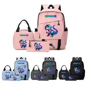 Dinosaur Backpack Set, Lightweight Nylon Material, Foldable & Washable, Cute Cartoon Design, Ideal for Teens, Travel & Commuting