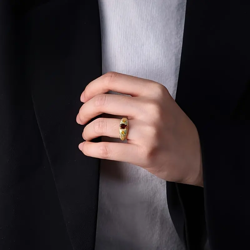 Elegant garnet ring with adjustable band - vintage style, mosaic design, perfect Mother's Day gift, elegant accessory |   vintage style ring |   adjustable ring Round Cut Gemstone Polished Gemstone Elegant Exaggerated Ring Statement Multi Ring
