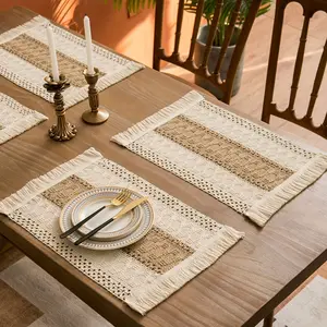 Of 4 Or 6 Bohemian-Style Burlap Placemats, Stylish Linen Blend Table Mats, Striped Rectangular Mats That Offer a uch of Elegance for Coffee Tables, Home Decor, And Festive Gatherings - Sturdy And Easy  Maintain
