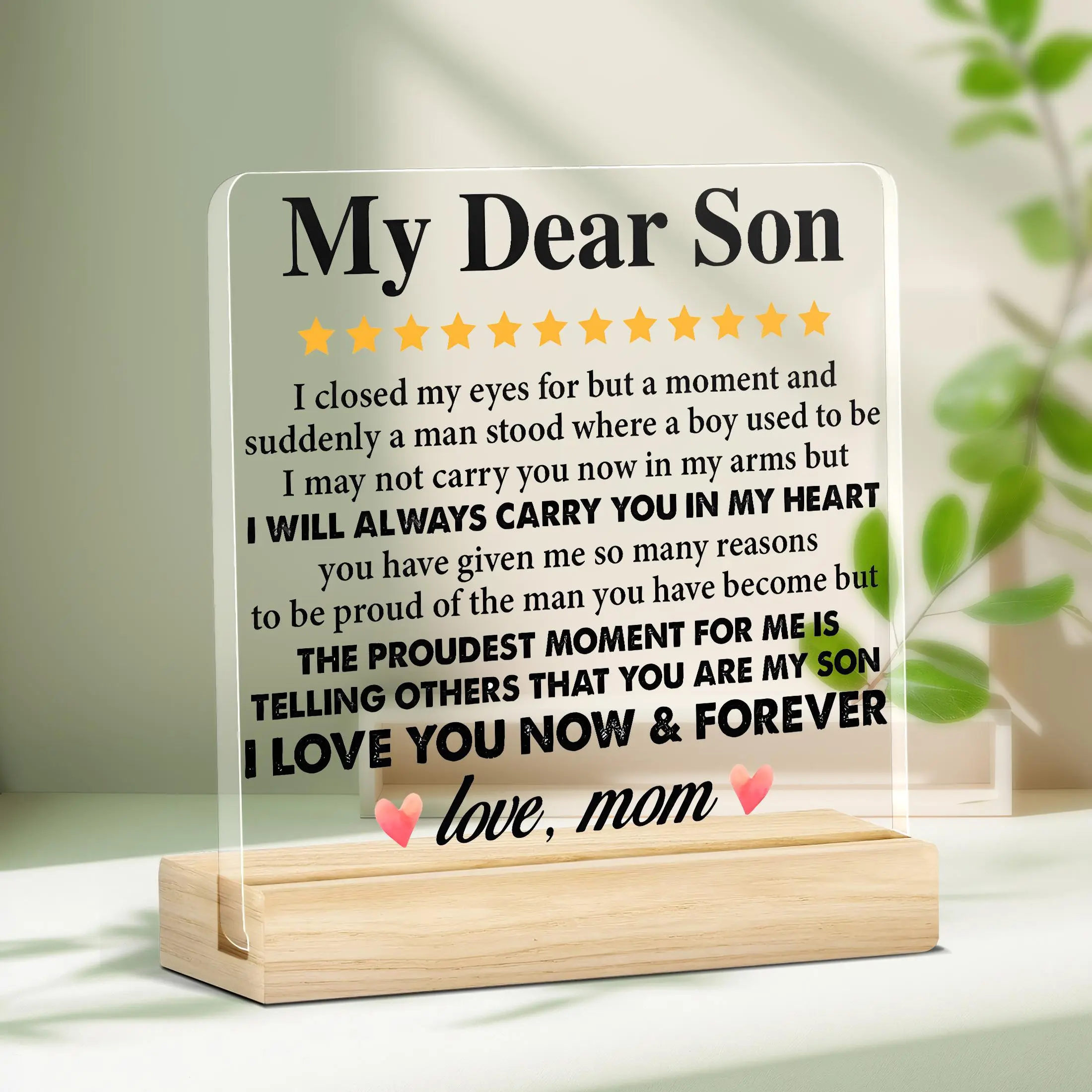 Acrylic Sign with Wooden Base, Acrylic Plaque Sign, Meaningful Gift from Mom, Mothers Day Sign, Keepsake for Birthday, Graduation, Desk Decor, Room Decor, Party Gift