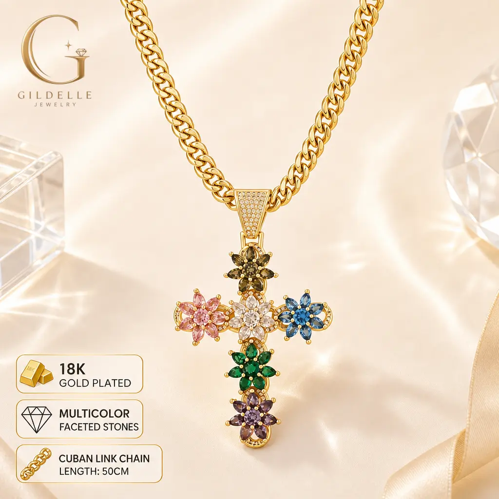 Gildelle 18K Gold-Plated Multicolor Floral Cross Pendant Necklace with Adjustable Cuban Link Chain, Colorful Statement Faith Jewelry for Women and Men