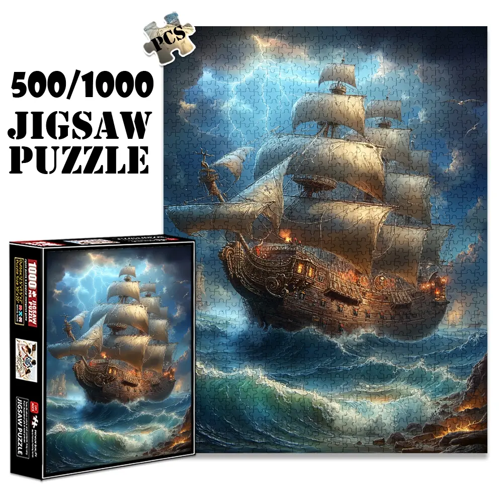 1pc 1000 piece adult puzzle 70x50cm Epic Pirate Ship in Stormy Seas with Lightning500 pieces of paper jigsaw puzzle, suitable for adults and families, large-scale DIY puzzle interactive toy games,