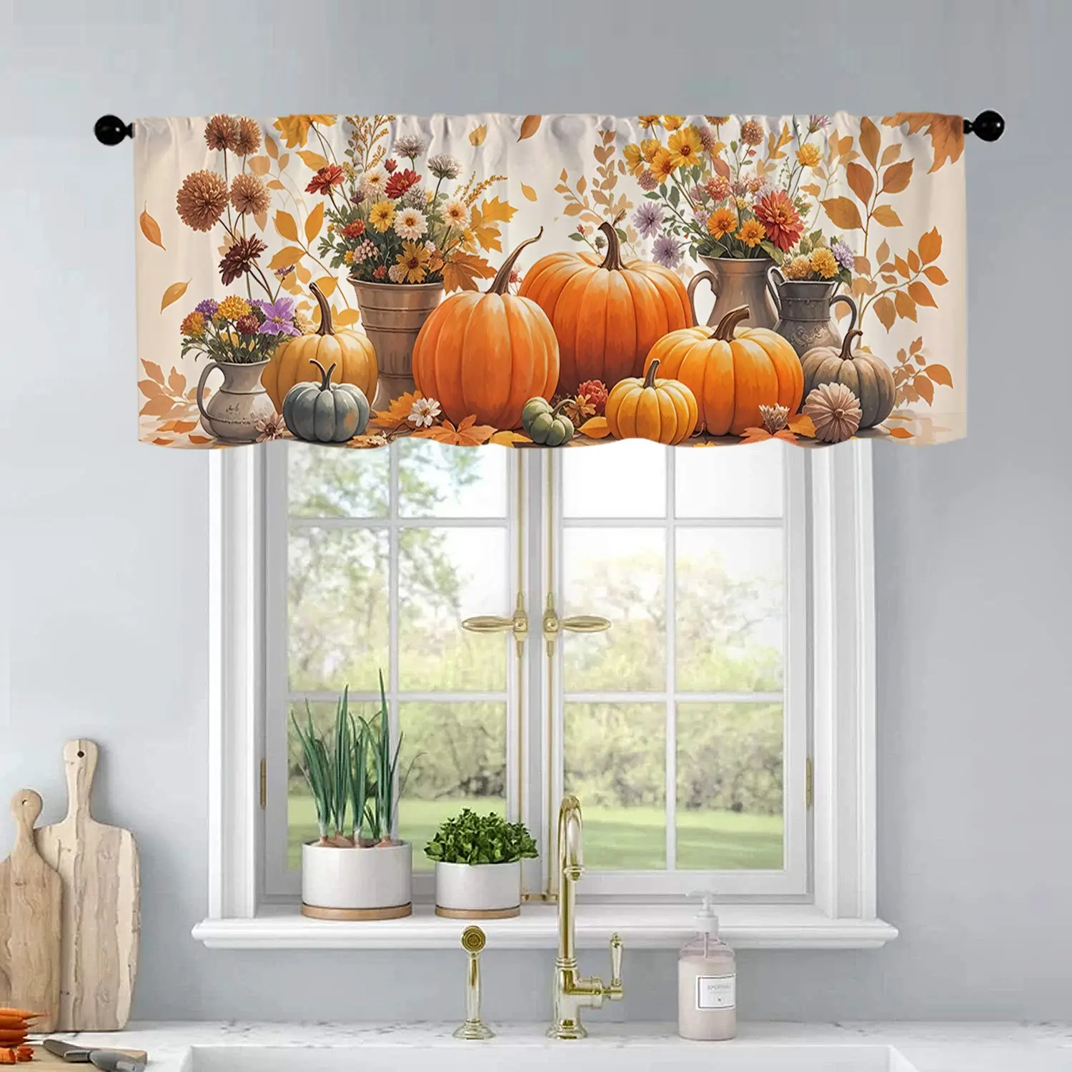 1 Pc Orange Pumpkin Flower Tube Maple Leaf Flowers Autumn Thanksgiving Watercolor Print Kitchen Curtains Valance Living Room Bedroom Bathroom Home Decor 54x18 Inch