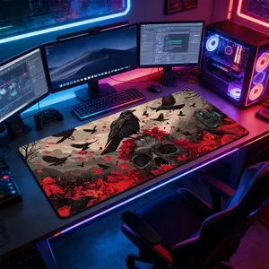 Red Black Raven Skull Large Extended Gaming Mouse Pad, Non-Slip Rubber Base Stitched Lock Edge Desk Mat, Gothic Dark Fantasy Design, Durable Computer Accessory, Desk Accessories for Home Office & Gaming Setup, Ideal Gift for Gamers & Gothic Fantasy Fans