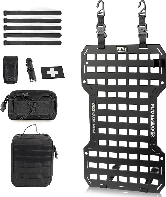 Rigid Molle Panels For Vehicles Truck Mount Rack Panel Tactical Seat Back Organizer with 2 Organizer Storage Bag, 1 Multi-tool Pliers, 1 Flashlight and 5 Fastening Tape