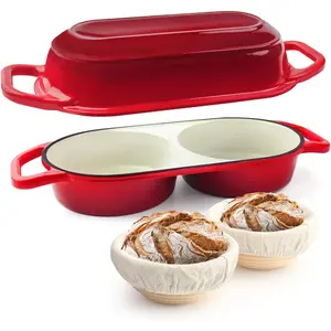 Mini Double Dutch Oven for Sourdough Bread Baking - Enameled Cast Iron Dutch Oven Pot with Lid and 5" Banneton Bread Proofing Basket Kit, Dual Round Bread Loaf Pan for Homemade Baking (Red)