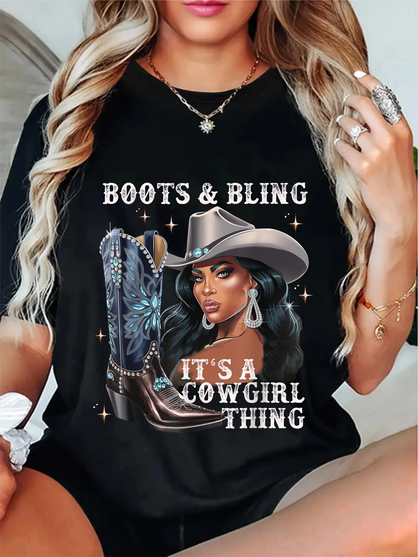 100% Cotton Boots and Bling Cowgirl Melanin Western Aesthetic T-Shirt