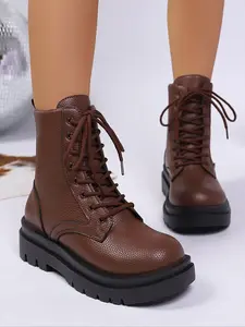 Women's Red Leather Lace - Up Combat Boots, Chunky Platform Sole Walking & Fashion Shoes, Edgy & Stylish Footwear with Durable Construction, Versatile Boots for Casual Daily Wear, Night Out, Trendy Looks or Street Style, Western Leather Boot