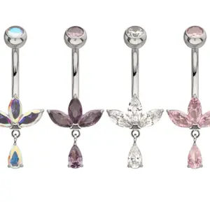 Invictus Triple Marquis Fan CZ Dangle Titanium Bellybutton Ring