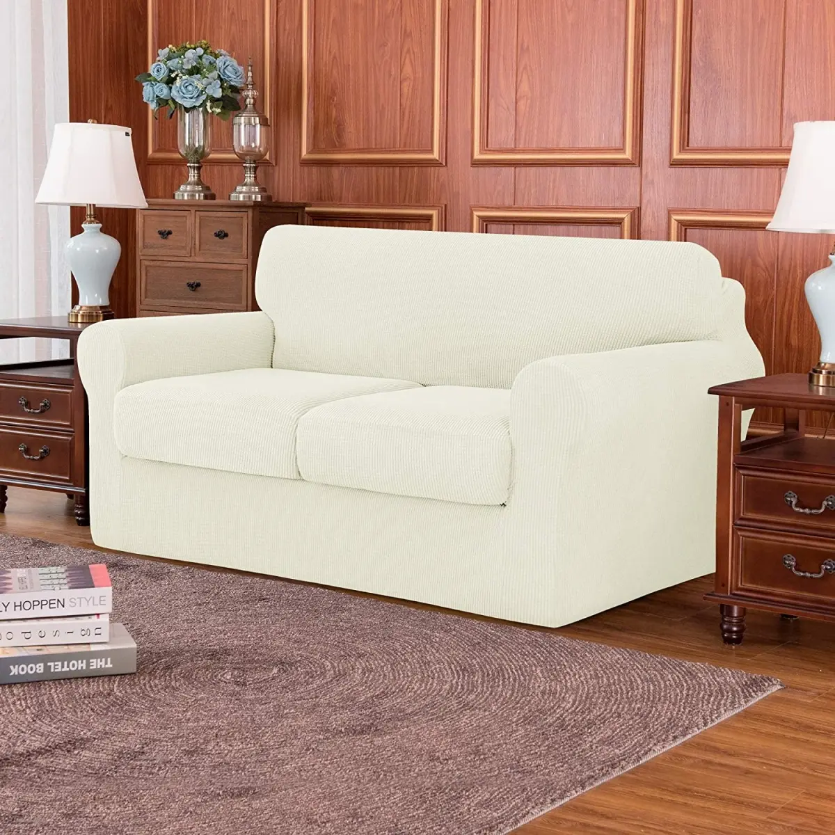 3-Piece High Spandex Textured Grid Sofa Slipcover, Separate Cushion Cover(Ivory, Loveseat), 57-70 inches wide(145-180cm)