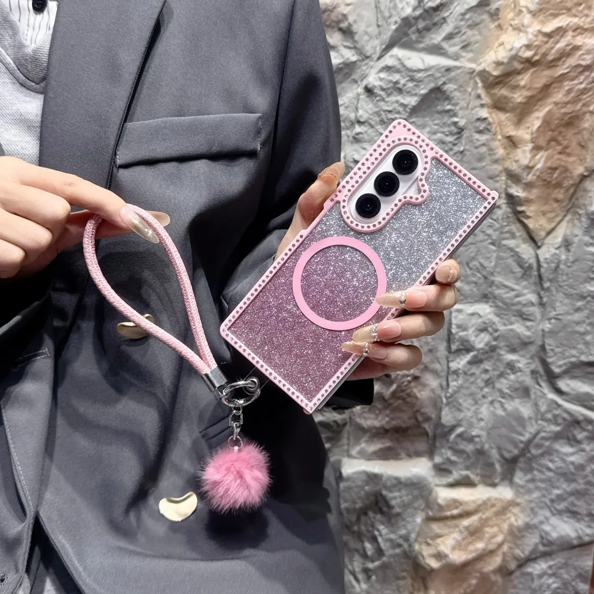Double-Sided Diamond Magnetic Phone Case Foldable with Glitter Paper for Samsung Galaxy Z Fold7 Z Fold6 Z Fold5 zfold3 4, Luxury Fashion Women's Case with Fuzzy Bracelet Accessories