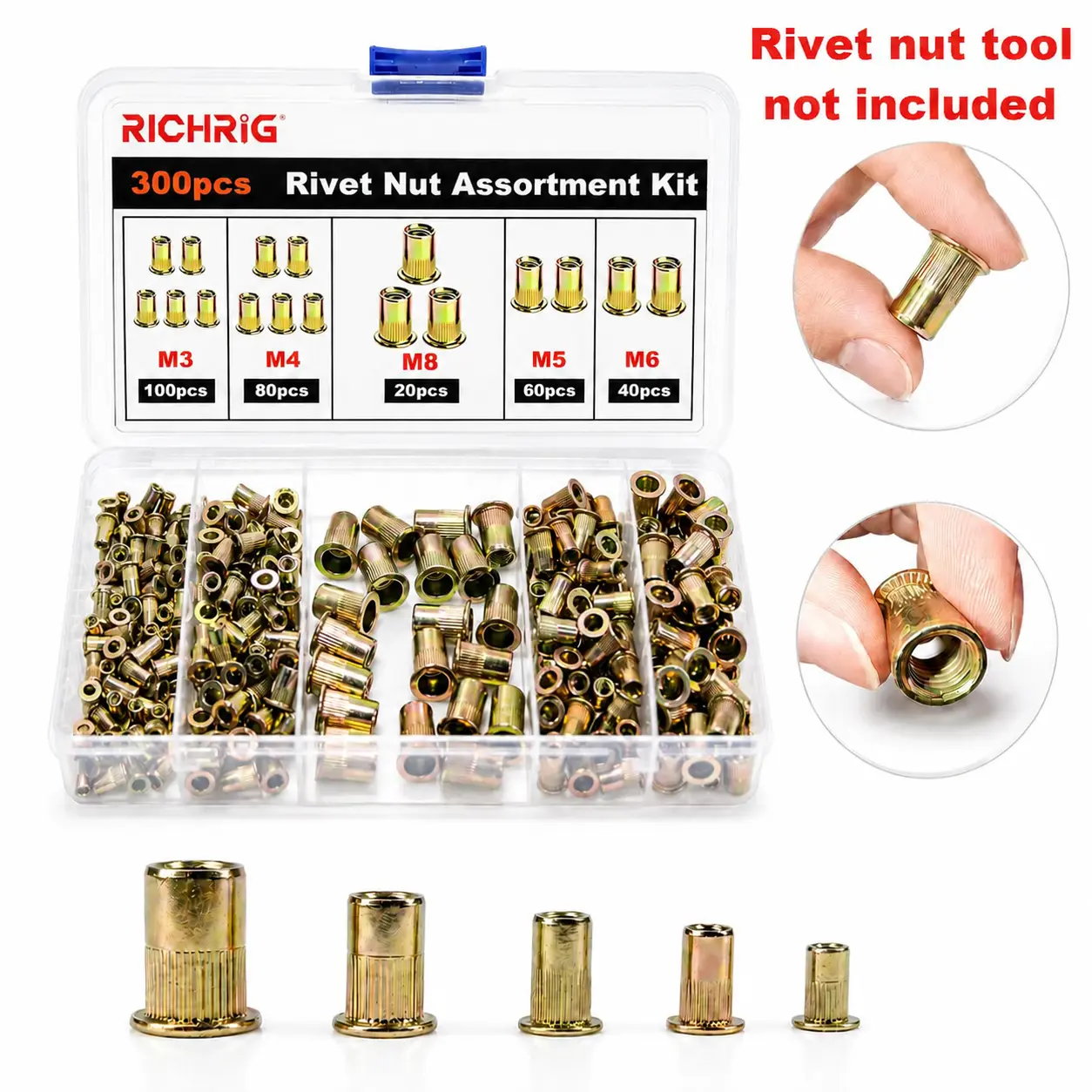 Rivet Nut 300 PCS (Sizes M3,M4,M5,M6,M8, Carbon Steel) – Suitable for Automotive Repair and Warehouse Operations (Rivet nut tool not included)