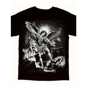 Unisex St. Michael the Archangel Full-Back Graphic Sport T-Shirt Catholic Justice Angel Gothic Oversized Cotton Streetwear Tee for Men & Women DTG Printed Breathable Fabric