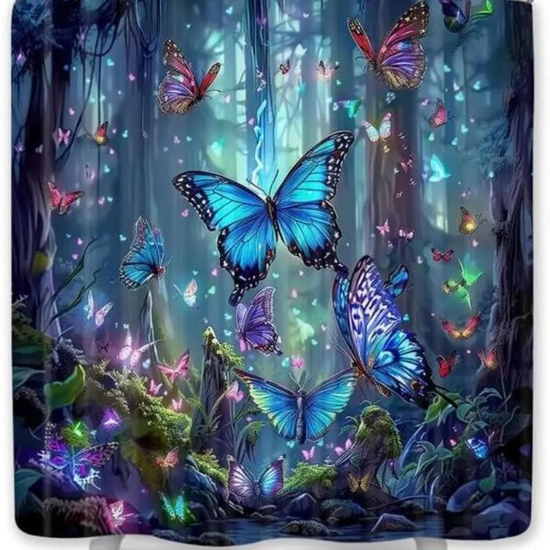 Butterfly Pattern Decorative Shower Curtain, 1 Count Waterproof Bathroom Curtain with 12pcs Hooks, Decor Supplies for Home, Hotel & Salon, Bathroom Decoration Accessory