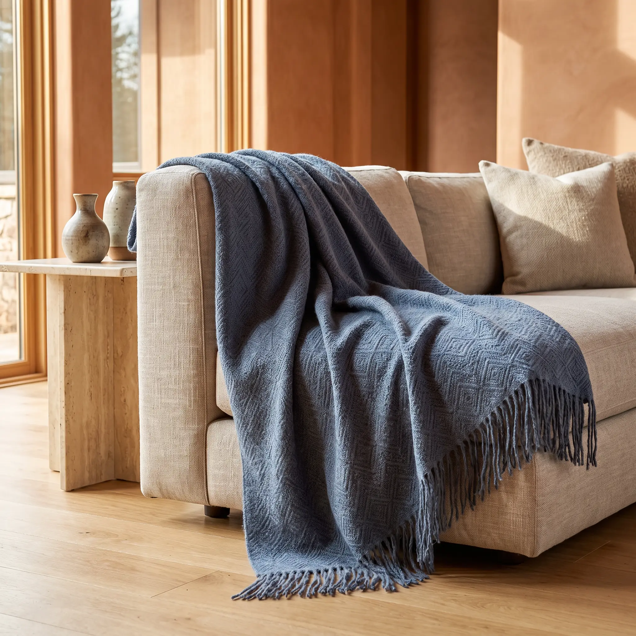 Hand-loomed Steel Blue Alpaca throw Blanket