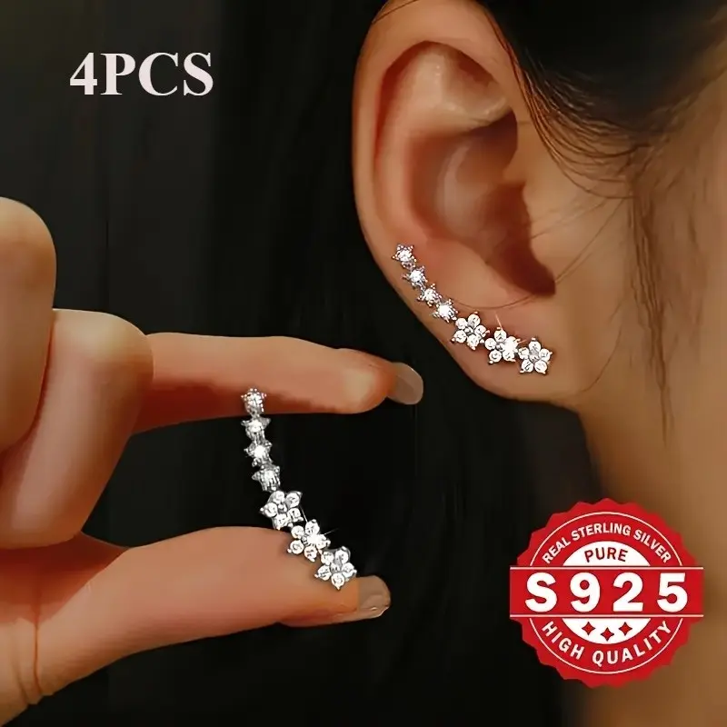 4pcs 925 Sterling Silver Rock Climbing Earrings, Combined with Synthetic Synthetic Zircon​​, Stylish Style, Suitable for Daily Wear, Music Festivals And Christmas, Best for Christmas Mother'S Day Valentine'S Day
