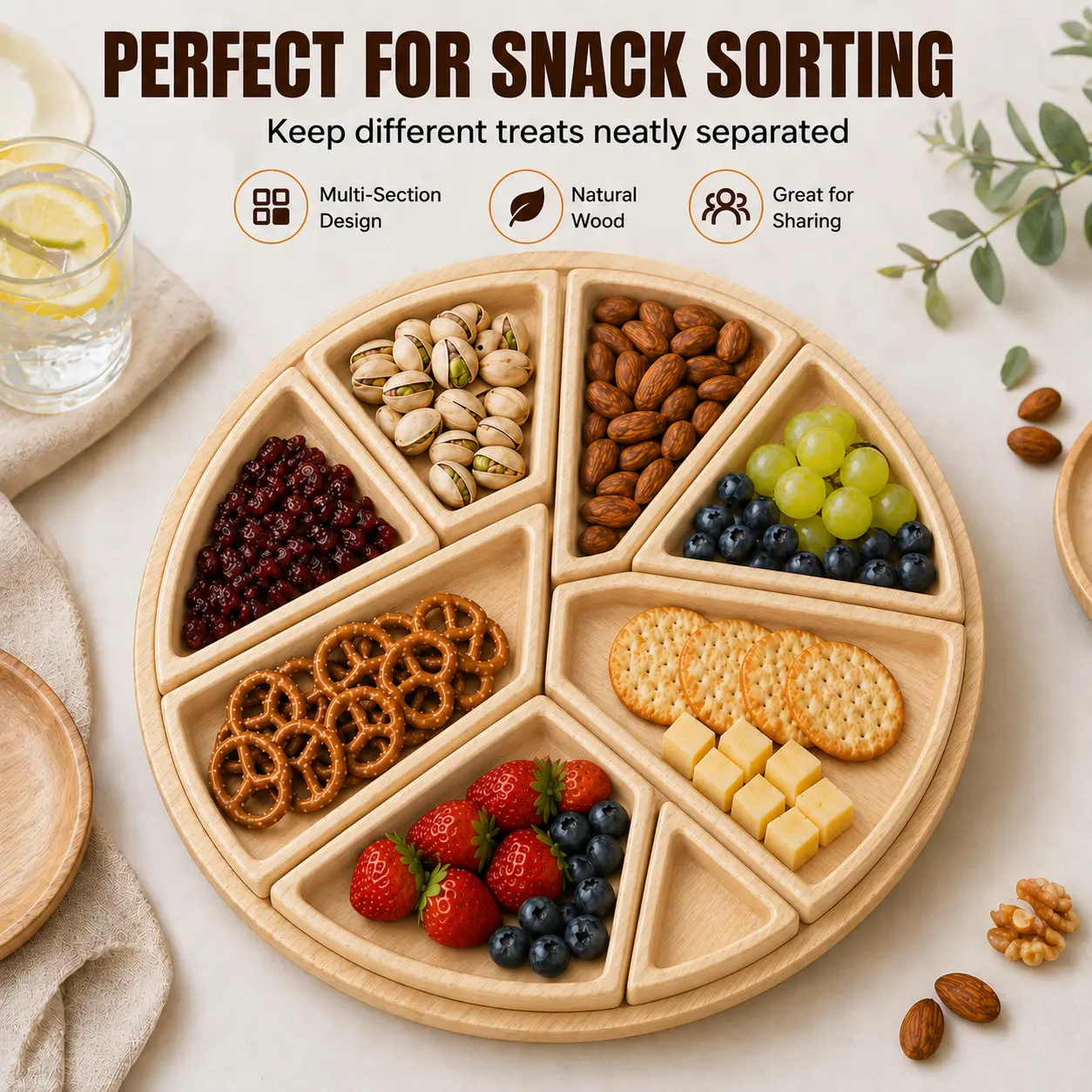 Wooden Charcuterie Board with 8 Removable Sections - Compact and Easy to Store Serving Platter (25 x 25 x 3 cm) for Fruit/Cheese/Nuts, Ideal for Dorm Rooms, Coffee Tables - Kitchenware Birthday Christmas Gift