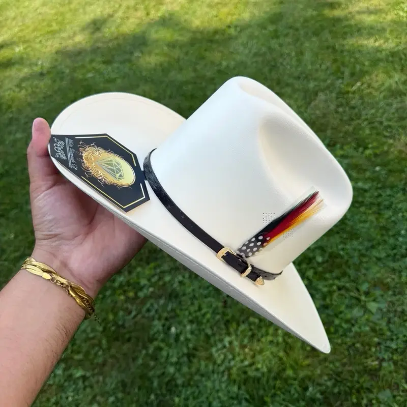 Sombrero San Juditas 1000X - White Cowboy Hat with Black Band and Feather Accent