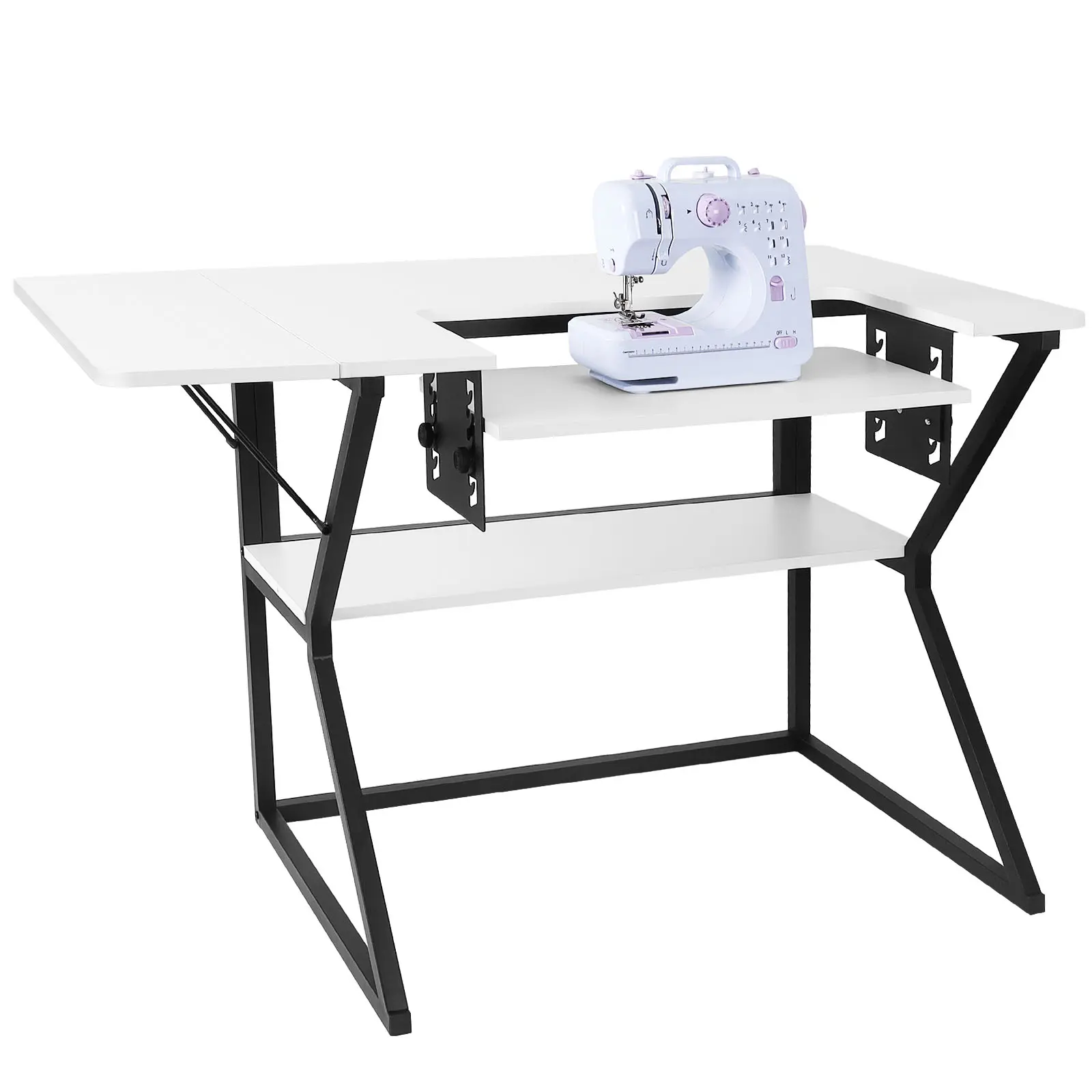 Sewing Table, Large Sewing Machine Table with Adjustable Platform and Storage Shelf - White