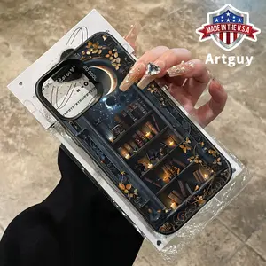 Phone Case for iPhone 16 15 Pro Max 14 Plus 16E 13 12 11 X XS XR Creative Moon Bookshelf Pattern Shockproof Silicone PC Back Protective Smartphone Cover